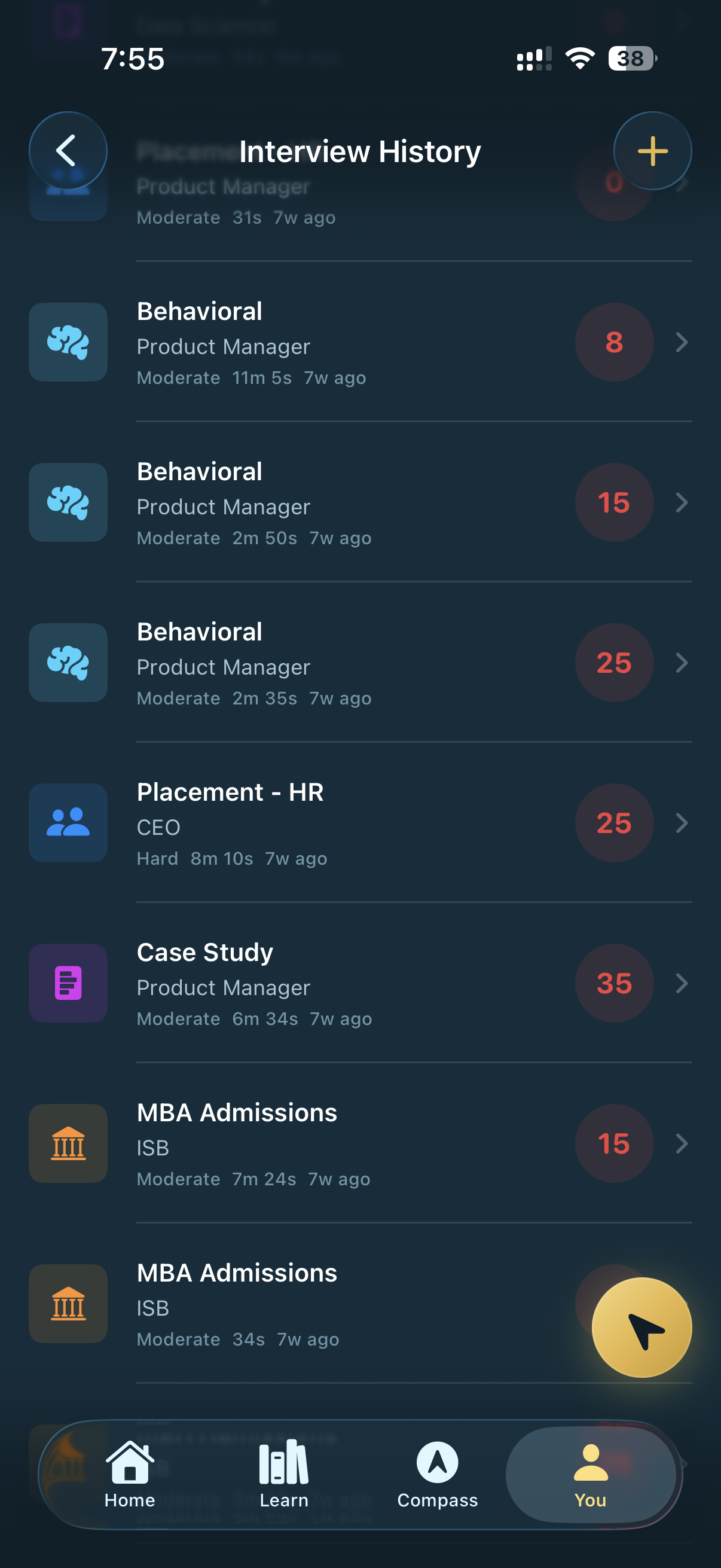 Interview History — multi-session AI-graded interview scores across Behavioral / Placement-HR / Case Study / MBA Admissions for Product Manager, CEO, ISB roles