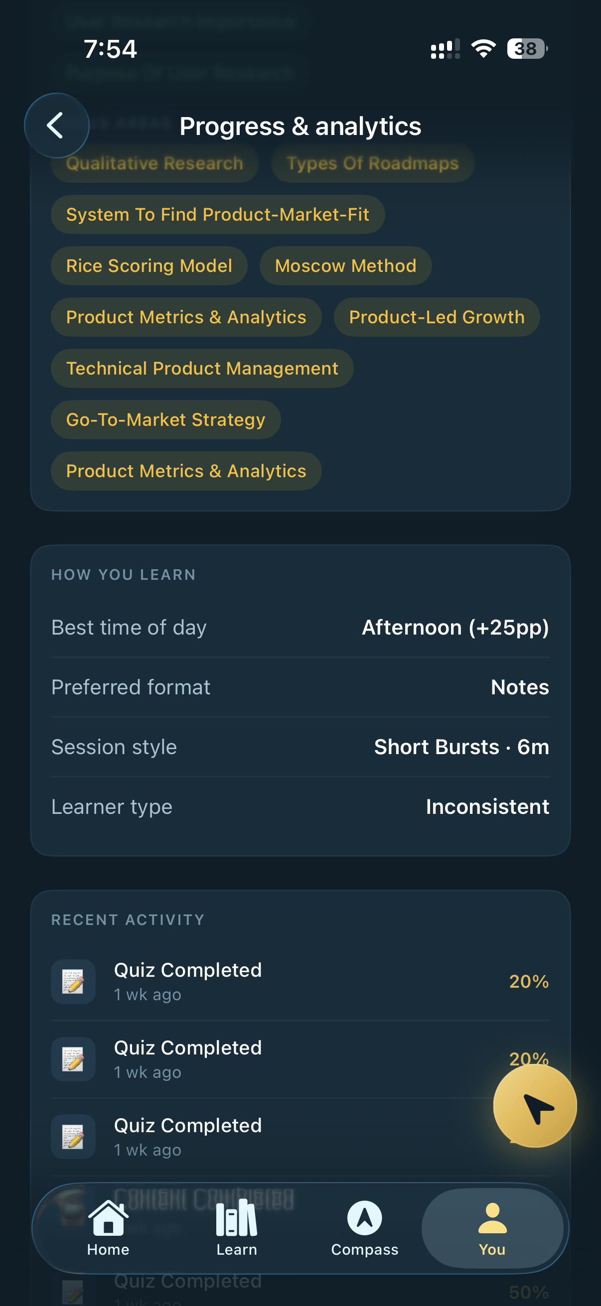 Progress & analytics — strengths and focus areas, How You Learn block (best time, preferred format, session style, learner type), recent quiz activity log